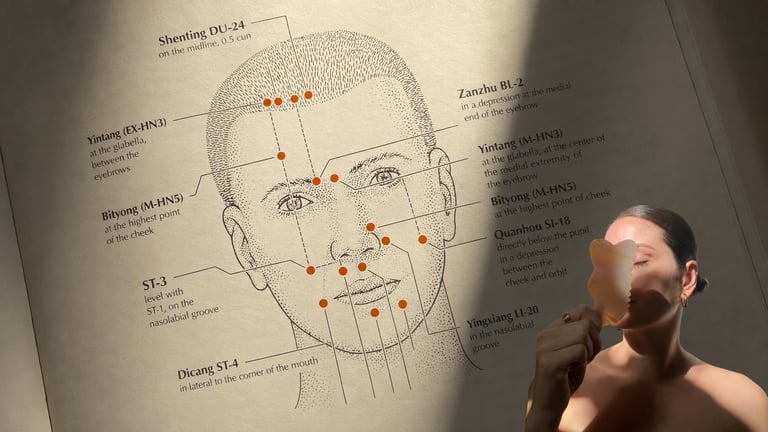 Man viewing acupuncture meridian diagram on wall showing facial pressure points and anatomical labels