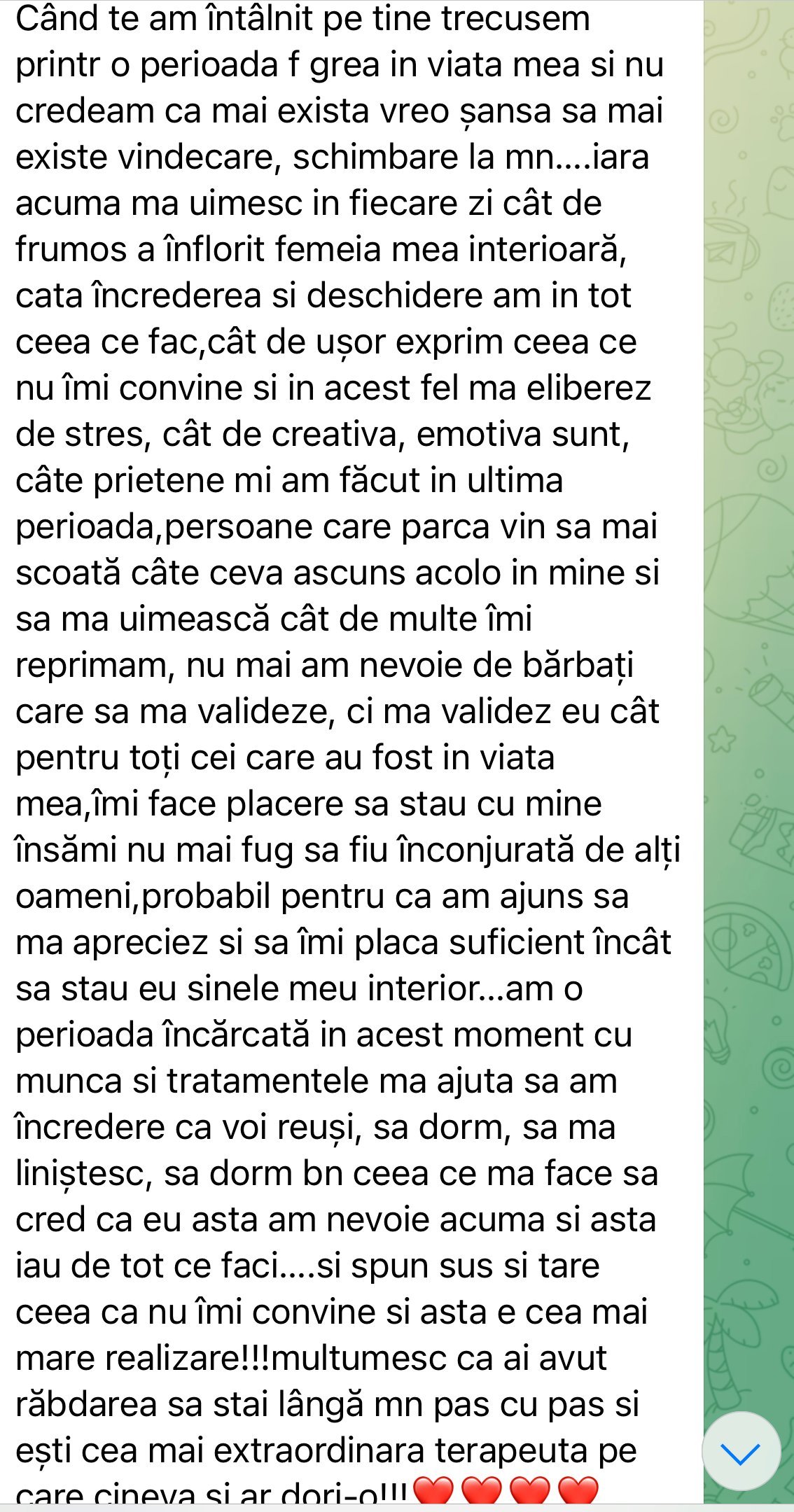 Screenshot of Romanian text message on green background with heart emojis at bottom