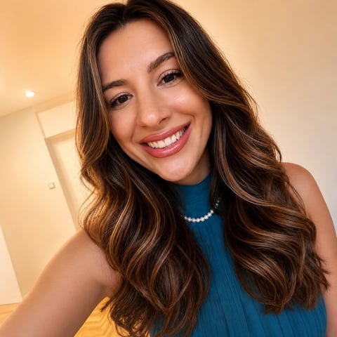 Diana Badea - Woman with long wavy brown hair and pearl necklace smiling at camera