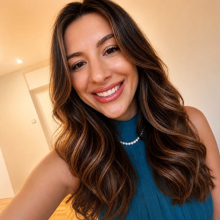 Diana Badea - Woman with long wavy brown hair and pearl necklace smiling at camera