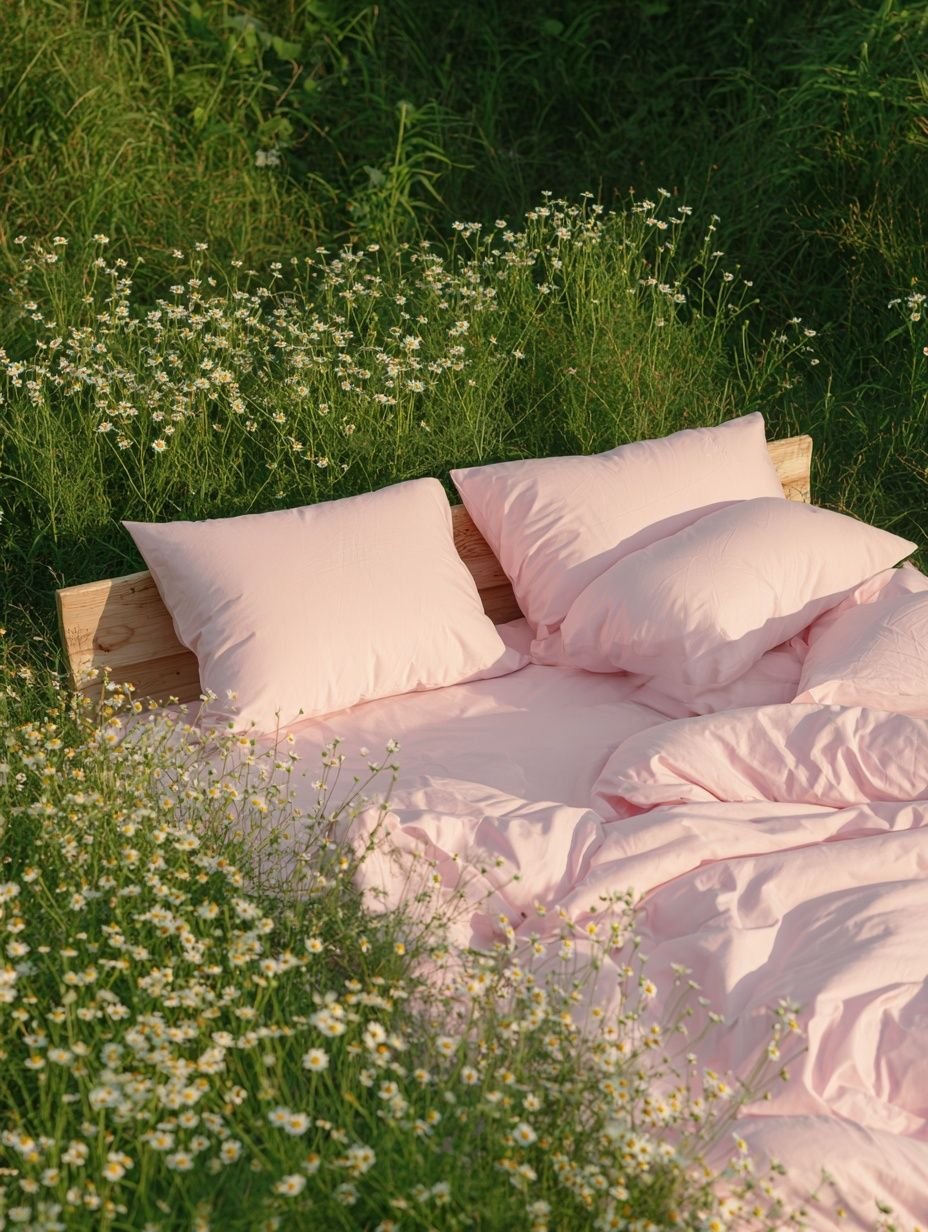 Pink bedding with pillows on wooden frame surrounded by wildflowers and green grass outdoors