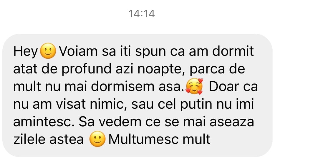 Text message in Romanian with emoji, sent at 14:14, containing casual conversation about sleep and daily activities