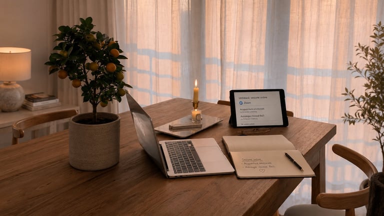 Modern home office workspace with wooden desk, laptop, tablet, potted plant, and desk lamp beside window with sheer curtains