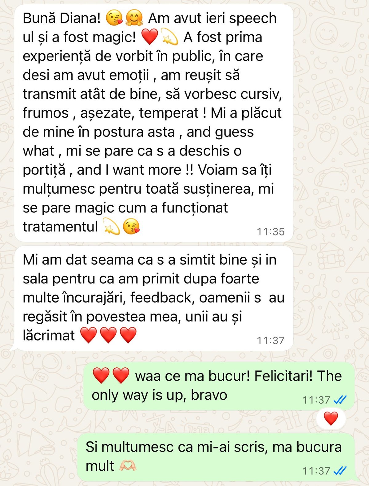 WhatsApp conversation in Romanian with message exchanges showing emojis and timestamps from 11:35 to 11:37