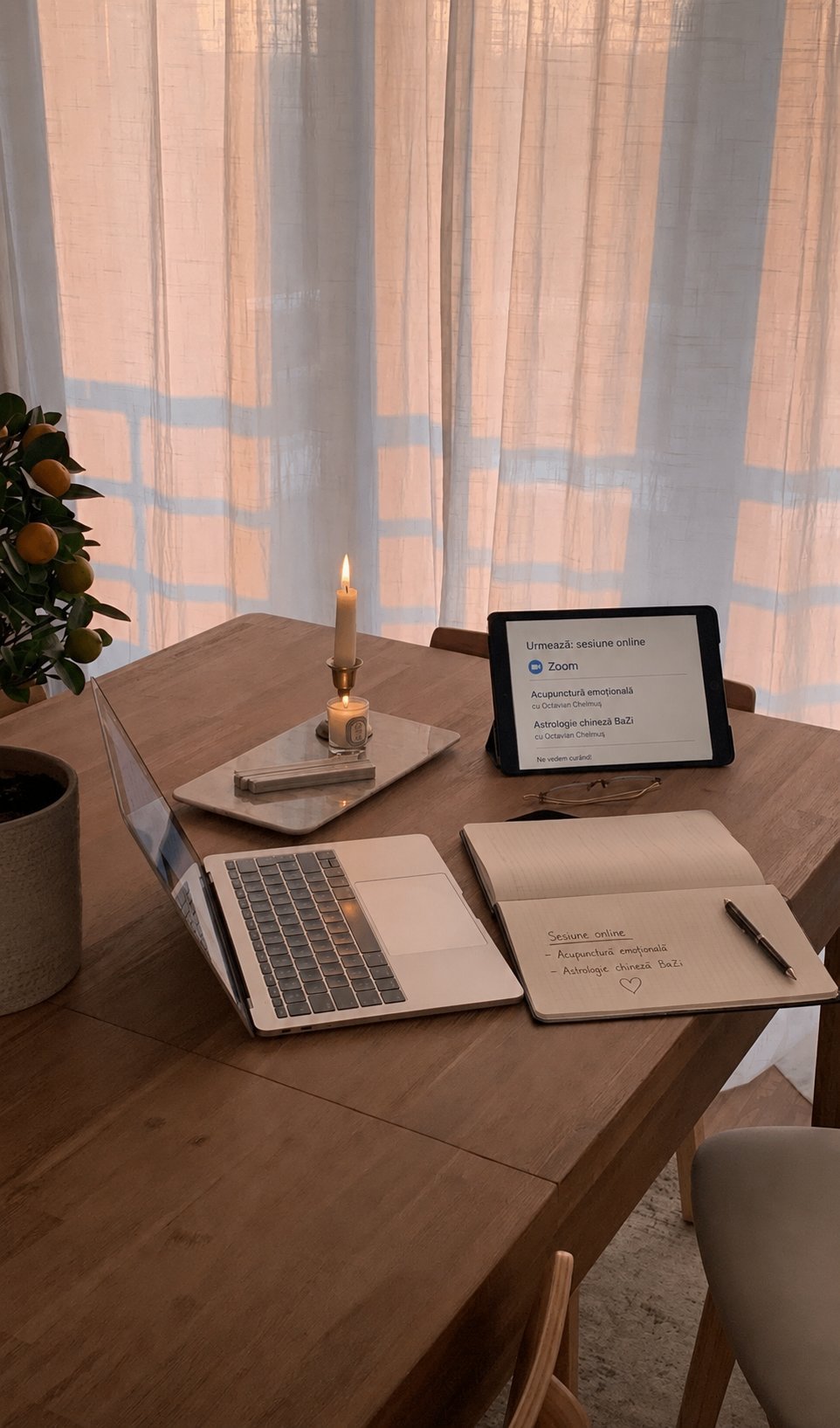 Minimalist wooden desk workspace with laptop, tablet, notebook, candle, and potted plant near sheer curtains with window light